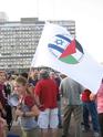 Assembling in Rabin Square-girl with Gush Shalom flag